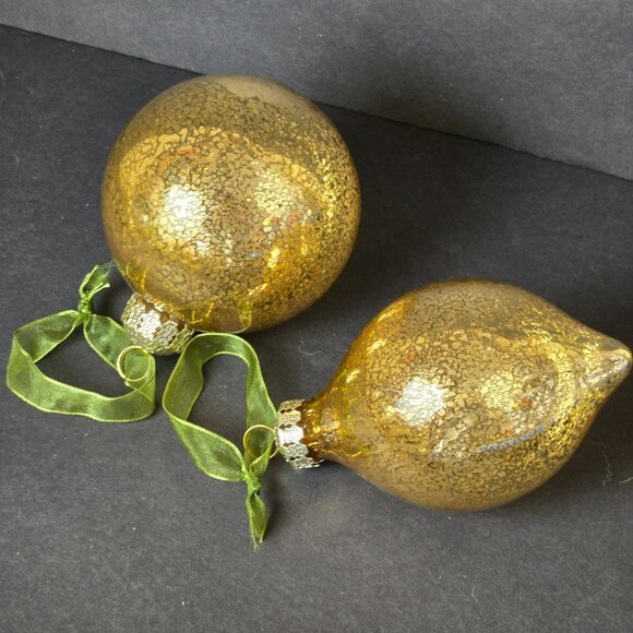 Frontgate Other - Frontgate Gold Crackle Glass Christmas Ornaments Set Of 2 With Green Ribbon 4"